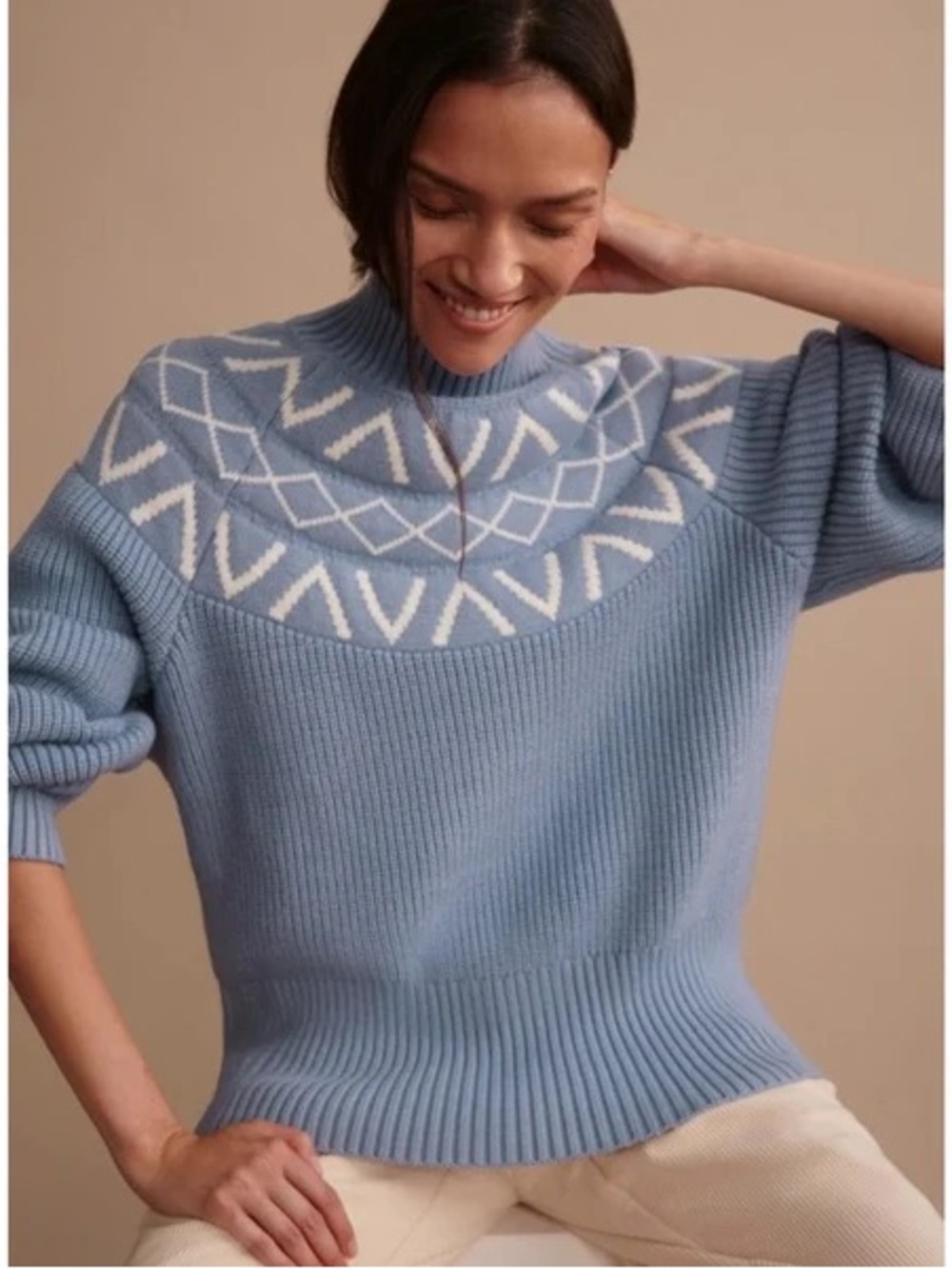 Varley Marcie Fair Isle Yoke Funnel Neck Sweater Blue